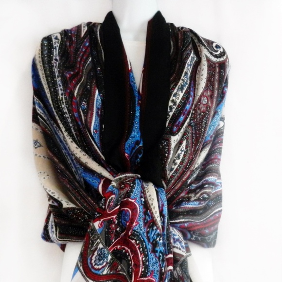 NEW - Scarf Shawl Paisley Blue, Cranberry Tan & Black - Picture 4 of 8
